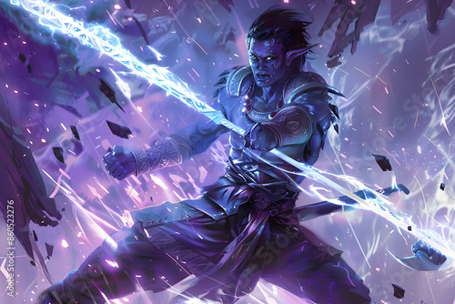 A detailed illustration of a githyanki warrior wielding a silver sword, with psionic energy crackling around them, set against a backdrop of a shattered astral plane 
