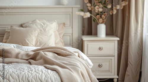 Close up of bedside cabinet near bed with beige bedding. Interior design of modern bedroom.