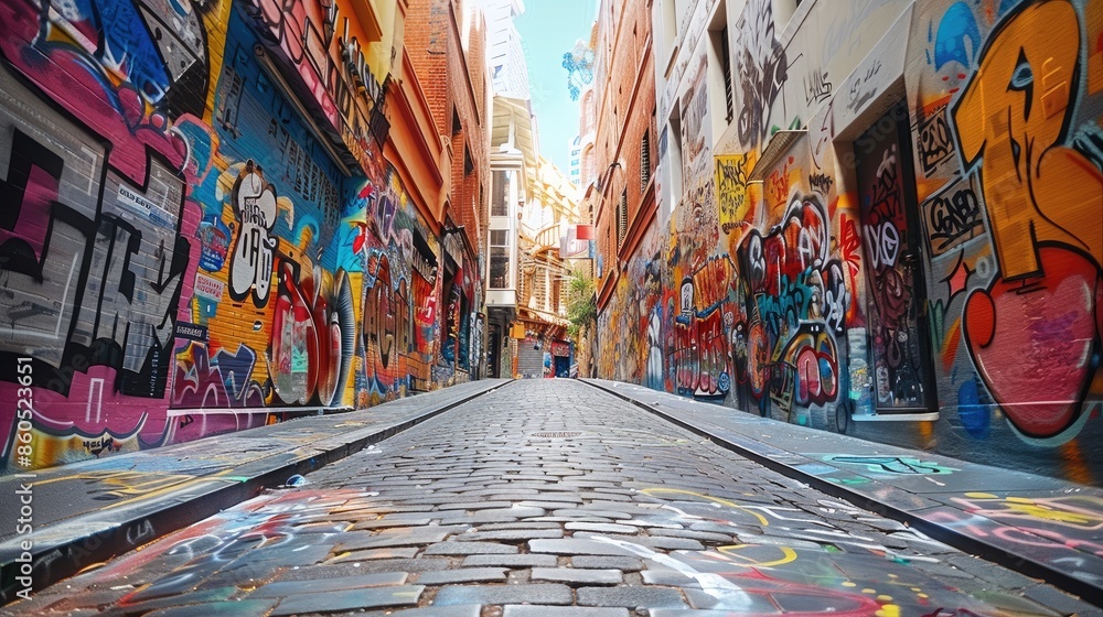 Fototapeta premium Graffiti alleys becoming popular tourist attractions, showcasing the dynamic nature of urban art. Generative AI.