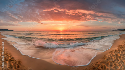 Golden sunset paints the sky over a calm sea, waves softly kissing the sandy beach. A serene panorama of summer's peaceful nature unfolds, inviting contemplation and tranquility. photo