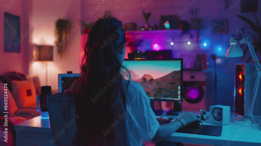 a gamer girl at the computer. a girl in a room with RGB lighting is sitting at a computer. The streamer girl a gamer girl at the computer. a girl in a room with RGB lighting is sitting at a computer. The streamer girl