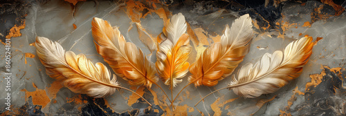panel wall art, wall decoration, marble background with feather designs