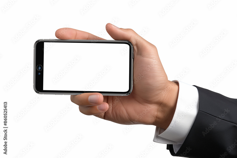 Mockup. Businessman holding phone in hand with empty space on white background Mockup. Businessman holding phone in hand with empty space on white background