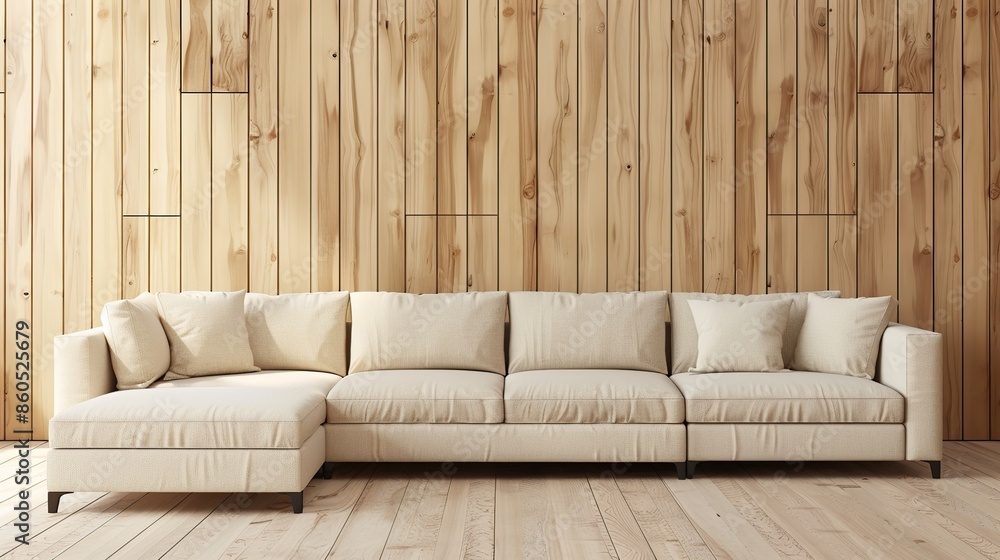Modern living room with sofa and chaise lounge against wooden panel Modern living room with sofa and chaise lounge against wooden panel
