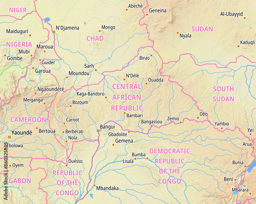 Map of the Central African Republic and surrounding countries With country names In English Map of the Central African Republic and surrounding countries With country names In English