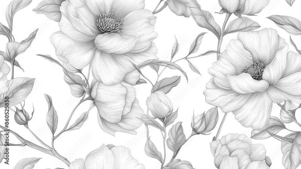 Fototapeta premium Elegant Vintage Floral Ink Pattern with Delicate Details and Negative Space