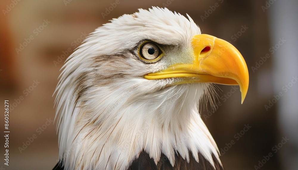 Fototapeta premium a bald eagle with a yellow beak and orange eyes looks straight ahead. generative ai
