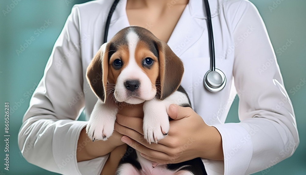a beagle puppy is being held by a vet in a white lab coat and a stethoscope. a beagle puppy is being held by a vet in a white lab coat and a stethoscope.