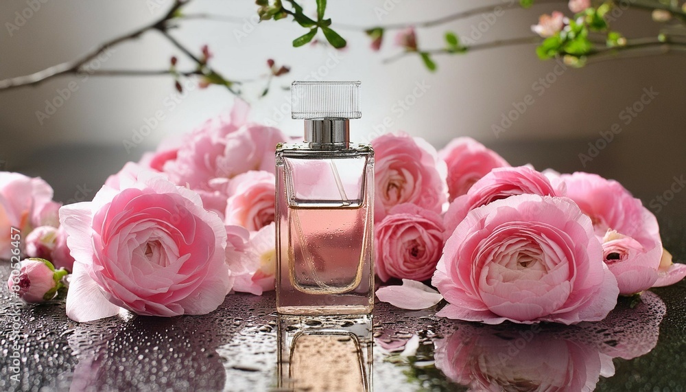 A bottle of perfume atop a table, surrounded by pink flowers and with droplets of water on the floor nearby A bottle of perfume atop a table, surrounded by pink flowers and with droplets of water on the floor nearby