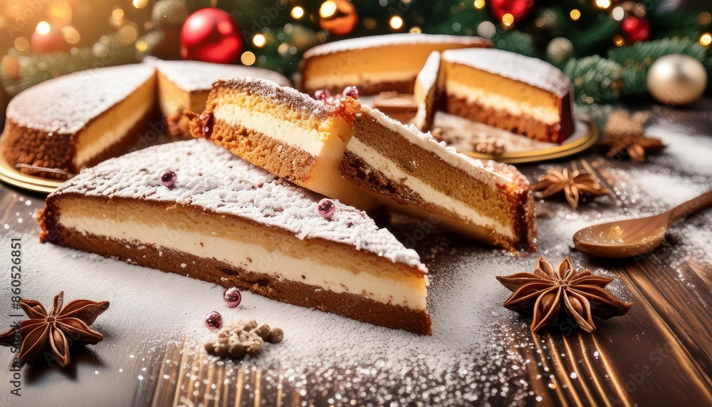 A few slices of cake rest atop a table, accompanied by more slices on the same table, dusted with powdered sugar