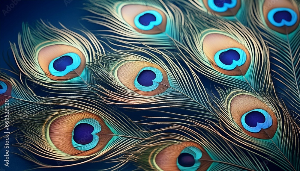 Obraz premium a group of peacock feathers on a dark blue background with a blue background. generative ai