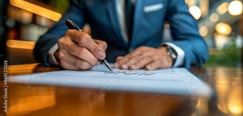 Close-up of businessman hands signing contract with pen in office setting photo