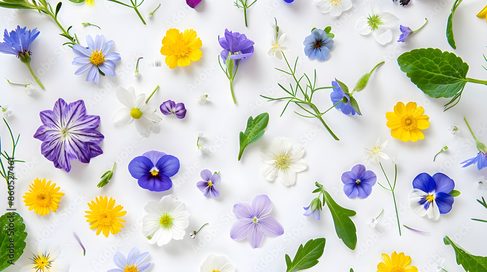Obraz premium Meadow flower creative pattern Daisy cardamine dandelion scilla and viola flowers with leaves on white background Design element Springtime and summer concept Top view flat lay : Generative AI
