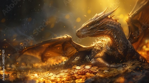 Wallpaper Mural Low-angle view of a majestic dragon resting on top of shining gold coins Torontodigital.ca