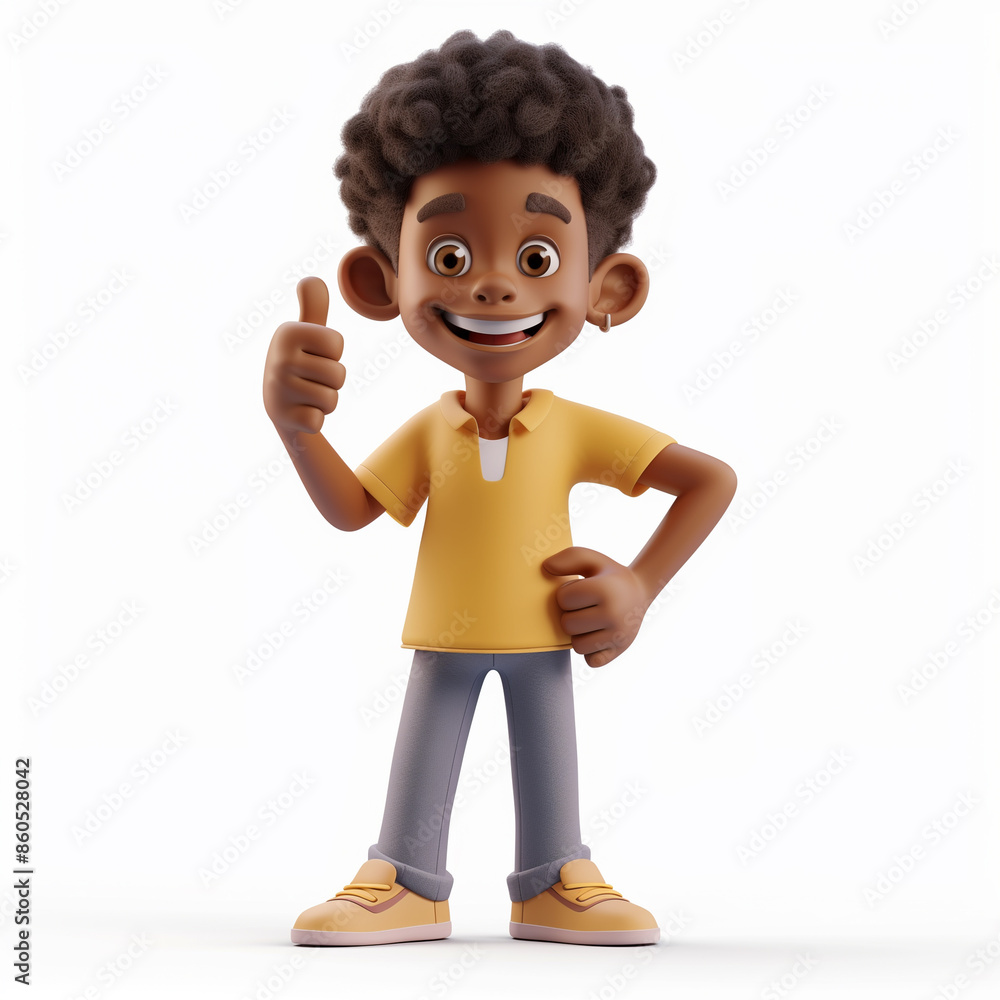 Happy Afro boy giving thumbs up 3D style isolated on blank background Happy Afro boy giving thumbs up 3D style isolated on blank background
