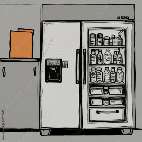 Refrigerator color full vector
illustration with food icons in a refrigerator related words in hand drawn style and on the grid background.  vector sketch design and illustration is hand-drawn.