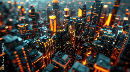 A futuristic city skyline with glowing lights and towering buildings. A stylized, abstract view of an urban landscape.
