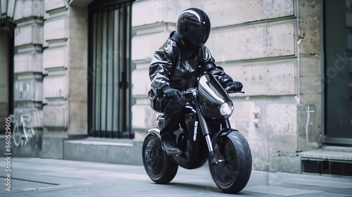 Man Riding Black Electric Motorcycle on Urban Street in Stylish Gear photo