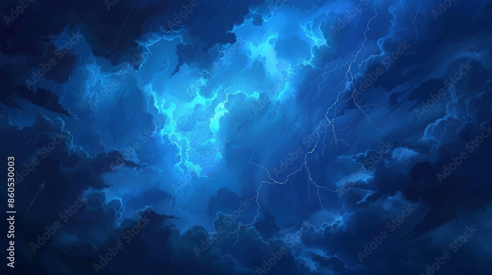 Dark blue sky with ominous clouds and lightning. Stormy weather with heavy rain. Dark blue sky with ominous clouds and lightning. Stormy weather with heavy rain.