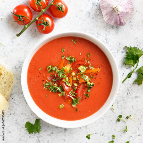 Obraz na plátně Homemade gazpacho soup in bowl over light stone background