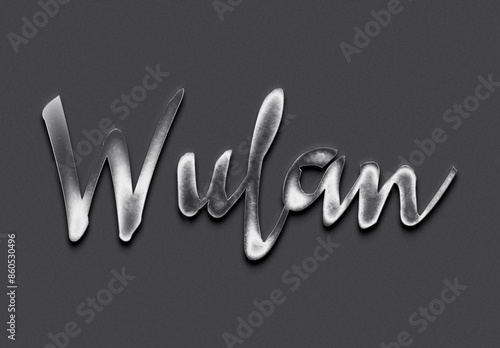 Chrome metal 3D Indonesian name design of Wulan on grey background.	 photo