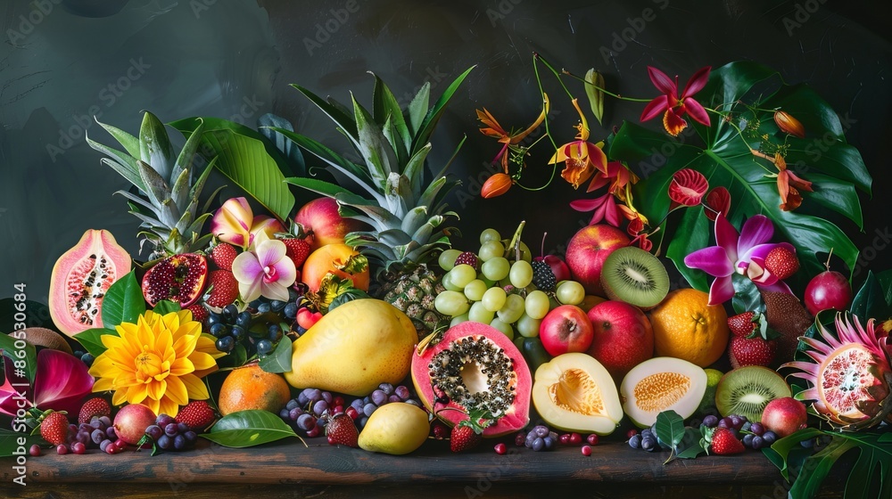 Exotic fruits arranged on a table, bursting with vibrant colors. Exotic fruits arranged on a table, bursting with vibrant colors.