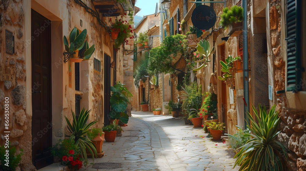 Calle de ciudad mediterránea con flores y plantas Calle de ciudad mediterránea con flores y plantas