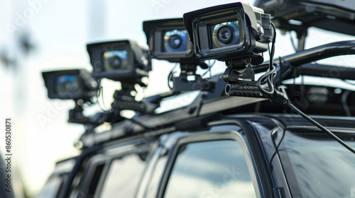 Vehicle cameras for capturing video footage during testing isolated on white background