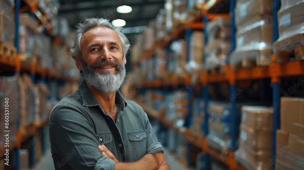 A smiling handsome man in his sixties managing the logistics warehouse, coordinating loading and unloading goods, blurred background of a warehouse. Generative AI. A smiling handsome man in his sixties managing the logistics warehouse, coordinating loading and unloading goods, blurred background of a warehouse. Generative AI.