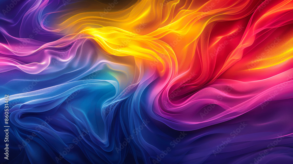 Obraz premium Colorful Abstract Fabric Waves. An abstract image featuring flowing waves of colorful fabric in shades of blue, purple, and yellow. The smooth, layered textures create a vibrant and dynamic visual.
