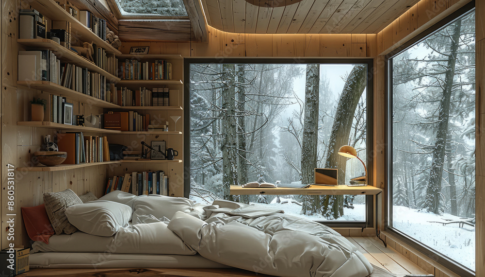 A bedroom in an ultra minimalist treehouse, the bed is made of wood. There is a desk with bookshelves on one side, snow outside through large windows. Generative AI. A bedroom in an ultra minimalist treehouse, the bed is made of wood. There is a desk with bookshelves on one side, snow outside through large windows. Generative AI.