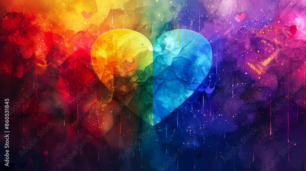 Fototapeta premium LGBT Pride Heart with Rainbow Colors. An abstract background blending rainbow colors into a heart shape, symbolizing LGBT pride and love. Vibrant design is filled with expressive details. LGBT+, LGBTQ