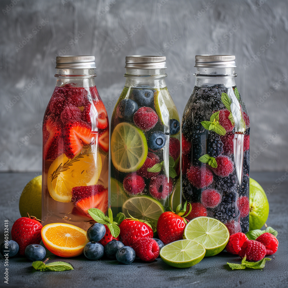 Fruit and berries with lime water in glass bottles on a grey background Fruit and berries with lime water in glass bottles on a grey background