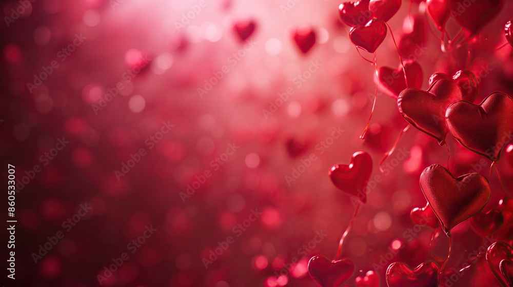 multiple red heart shapes on strings with bokeh effect in background romantic atmosphere multiple red heart shapes on strings with bokeh effect in background romantic atmosphere