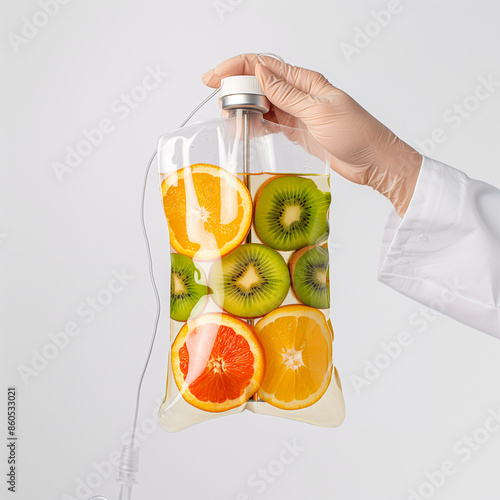 Hand of nurse holding IV bag filled with fruit orange and kiwi white background