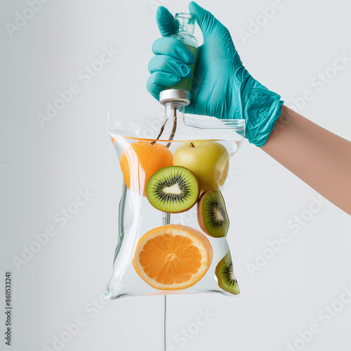 Hand of nurse holding IV bag filled with fruit orange and kiwi white background
