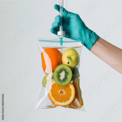 Hand of nurse holding IV bag filled with fruit orange and kiwi white background