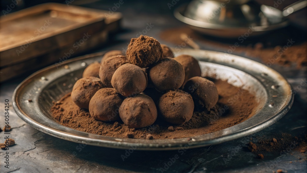 Plate of chocolate truffles dusted with cocoa powder. Plate of chocolate truffles dusted with cocoa powder.
