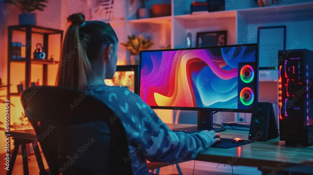 A person working on a desktop computer in a minimalist home office, with their hands on the keyboard and the monitor displaying a vibrant screen A person working on a desktop computer in a minimalist home office, with their hands on the keyboard and the monitor displaying a vibrant screen