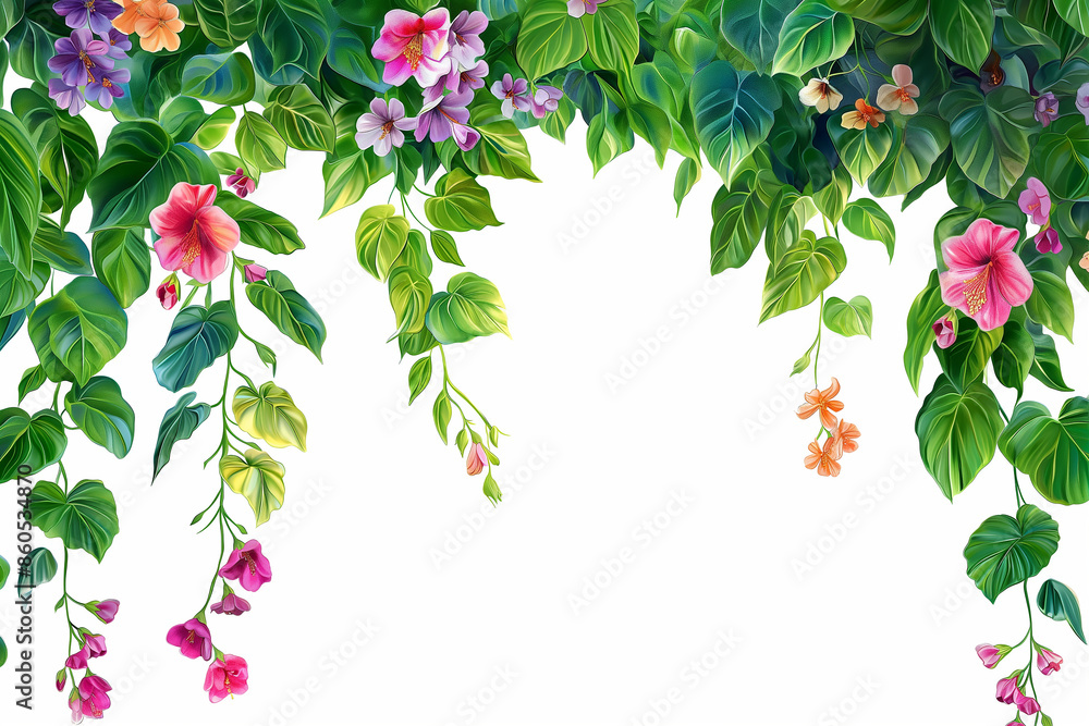 Fototapeta premium Colorful Hanging Vines and Flowers on White Background, Vibrant Botanical Decoration