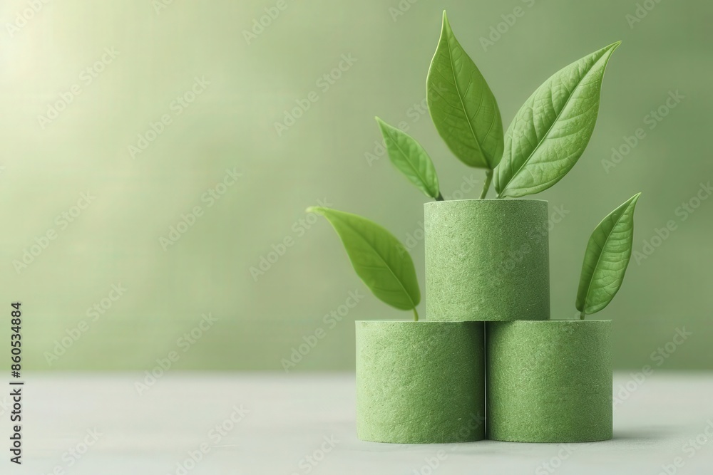 Green eco-friendly concept with leaves growing from biodegradable paper rolls against a soft green background. Sustainability and nature. Green eco-friendly concept with leaves growing from biodegradable paper rolls against a soft green background. Sustainability and nature.