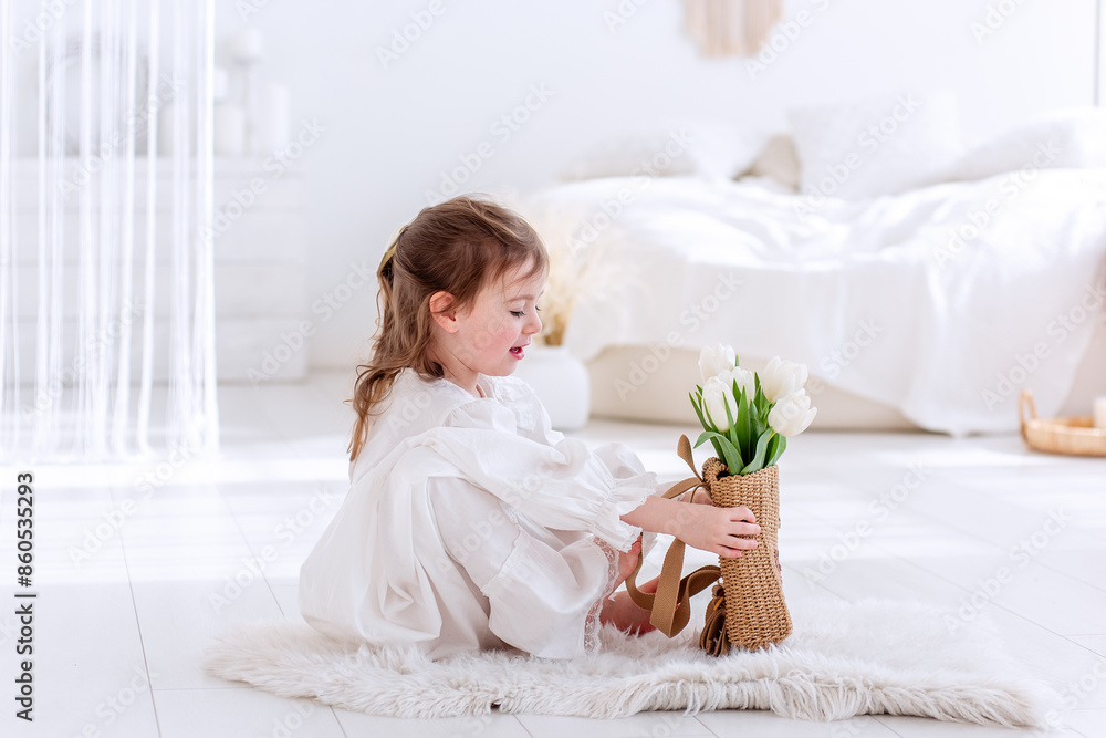 Little girl sits on floor in white Boho minimalist interior. Toddler in dress, nightie holds bouquet of spring tulips in hands, hugs, smells flowers. Airy, light filled space. Pampas grass decor Little girl sits on floor in white Boho minimalist interior. Toddler in dress, nightie holds bouquet of spring tulips in hands, hugs, smells flowers. Airy, light filled space. Pampas grass decor