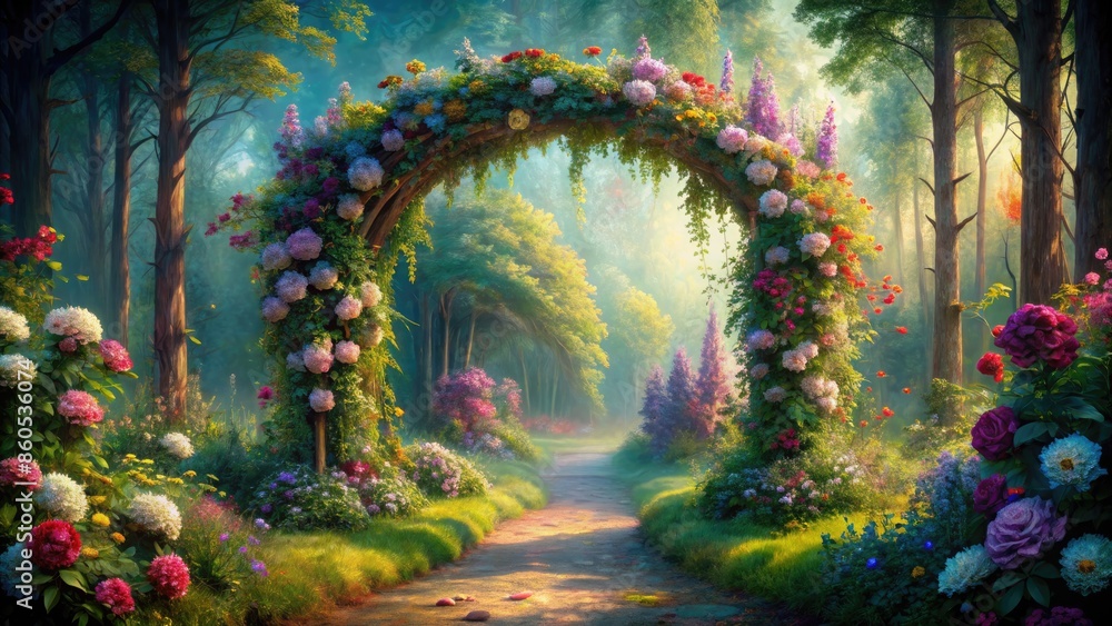 Enchanting garden path with a floral archway. Enchanting garden path with a floral archway.