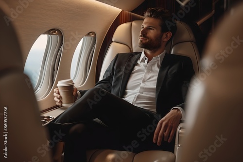 Businessman holding coffee cup and looking from window in private jet. Business travel transportation, aviation and luxury tourism concept. Commercial airplane.  photo