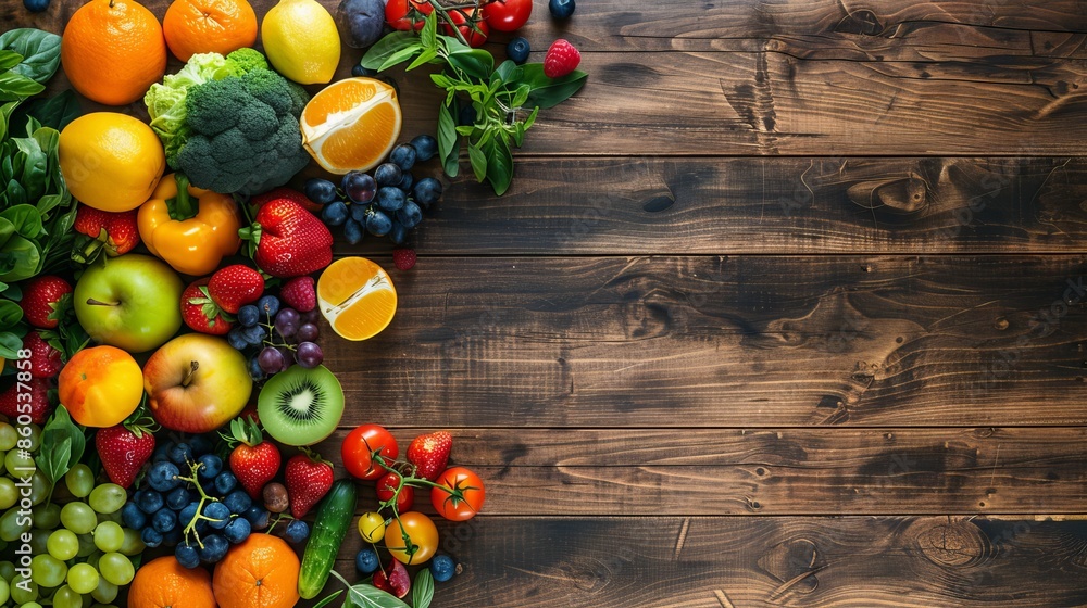 Fresh and colorful fruits and veggies arranged on a table, making a tasty spread. The background is perfect for a food-related shoot with plenty of space to add your own text or logo. Fresh and colorful fruits and veggies arranged on a table, making a tasty spread. The background is perfect for a food-related shoot with plenty of space to add your own text or logo.