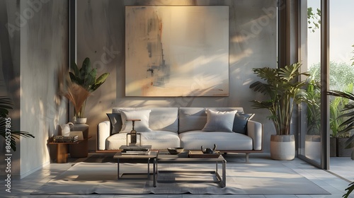 Modern interior design living room, featuring an ISO A paper size poster mockup on the wall, with chic decor, a comfortable sofa, and a stylish coffee table