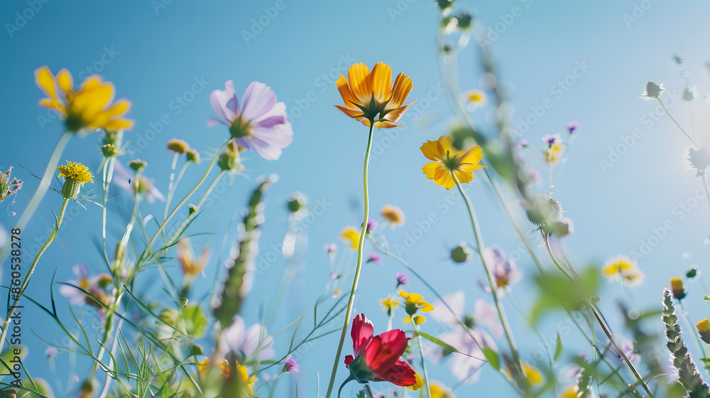 Fototapeta premium Colourful wild flowers blooming outside Savill Garden Egham Surrey UK photographed against a clear blue sky : Generative AI