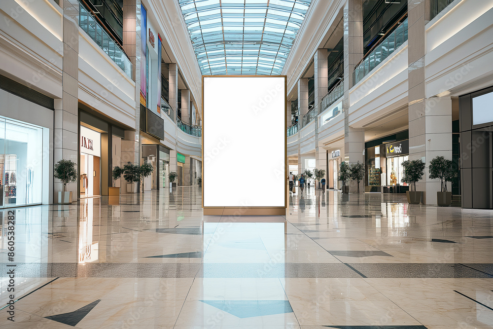 A mockup of an empty blank white poster in the middle of a luxury shopping mall, with luxury stores in the background A mockup of an empty blank white poster in the middle of a luxury shopping mall, with luxury stores in the background