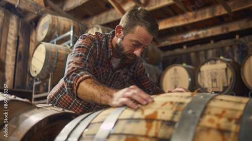 Man ordering personalized whiskey barrels from a distillery‚Äôs online shop photo