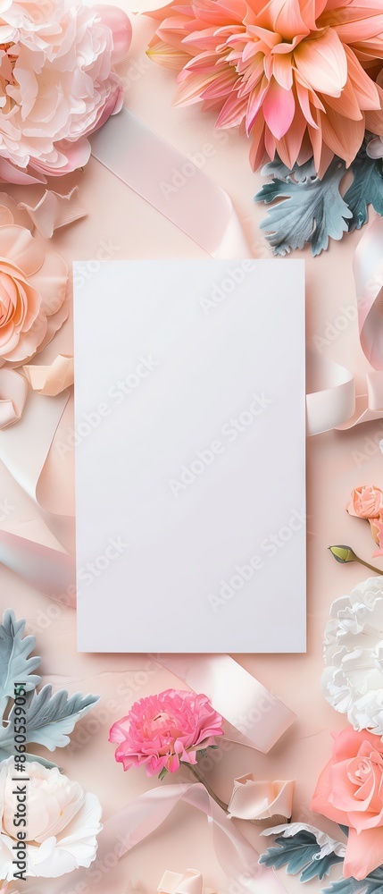 Top view of a blank bridal shower invitation card surrounded by pastel flowers and ribbons, no designs or text, soft lighting, perfect for feminine and delicate invitation mockups Top view of a blank bridal shower invitation card surrounded by pastel flowers and ribbons, no designs or text, soft lighting, perfect for feminine and delicate invitation mockups
